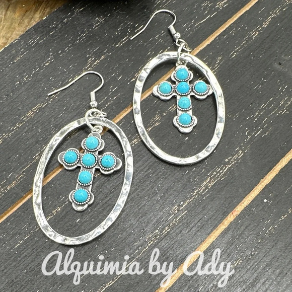 Turquoise silver cross colorful drops silver western style dangle long earrings - Picture 1 of 5